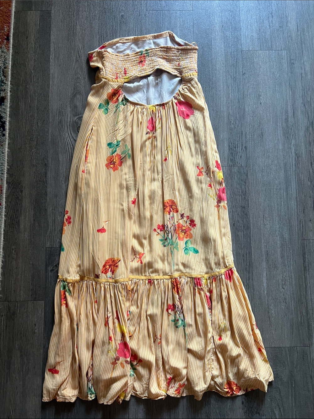 Free People Strapless Floral Ruffle MIDI Dress in Yellow and Coral Medium - Picture 4 of 4